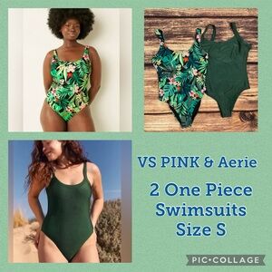 2 One Piece Swimsuits Aerie Green Ribbed & VS PINK Hawaiian Floral Print Sz. S